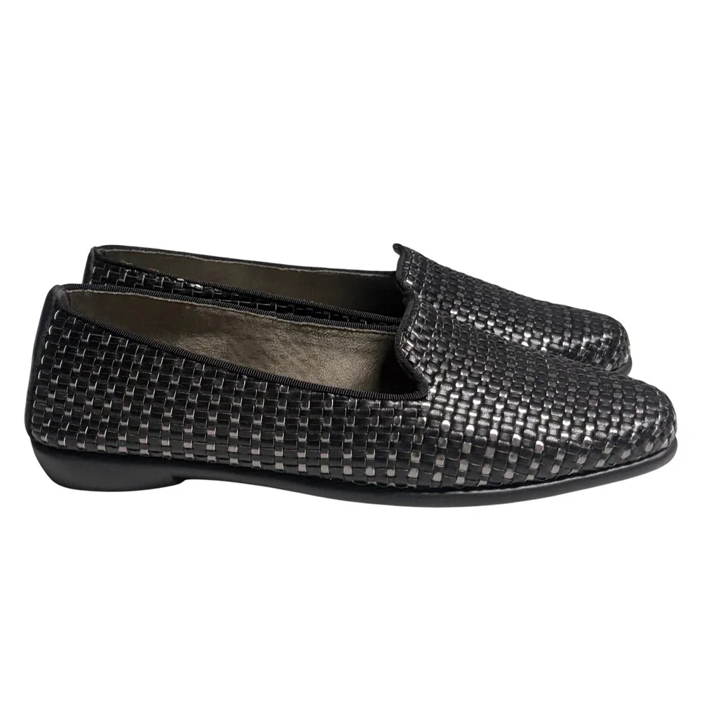 Ros Hommerson Woven‎ Leather Loafers Black Silver Metallic Flats Womens 10W